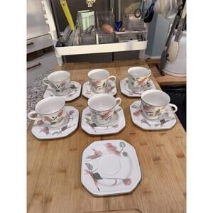 VTG 13 Piece lot Mikasa Silk Flowers Demitasse Cups & Saucers Set Of 6 *